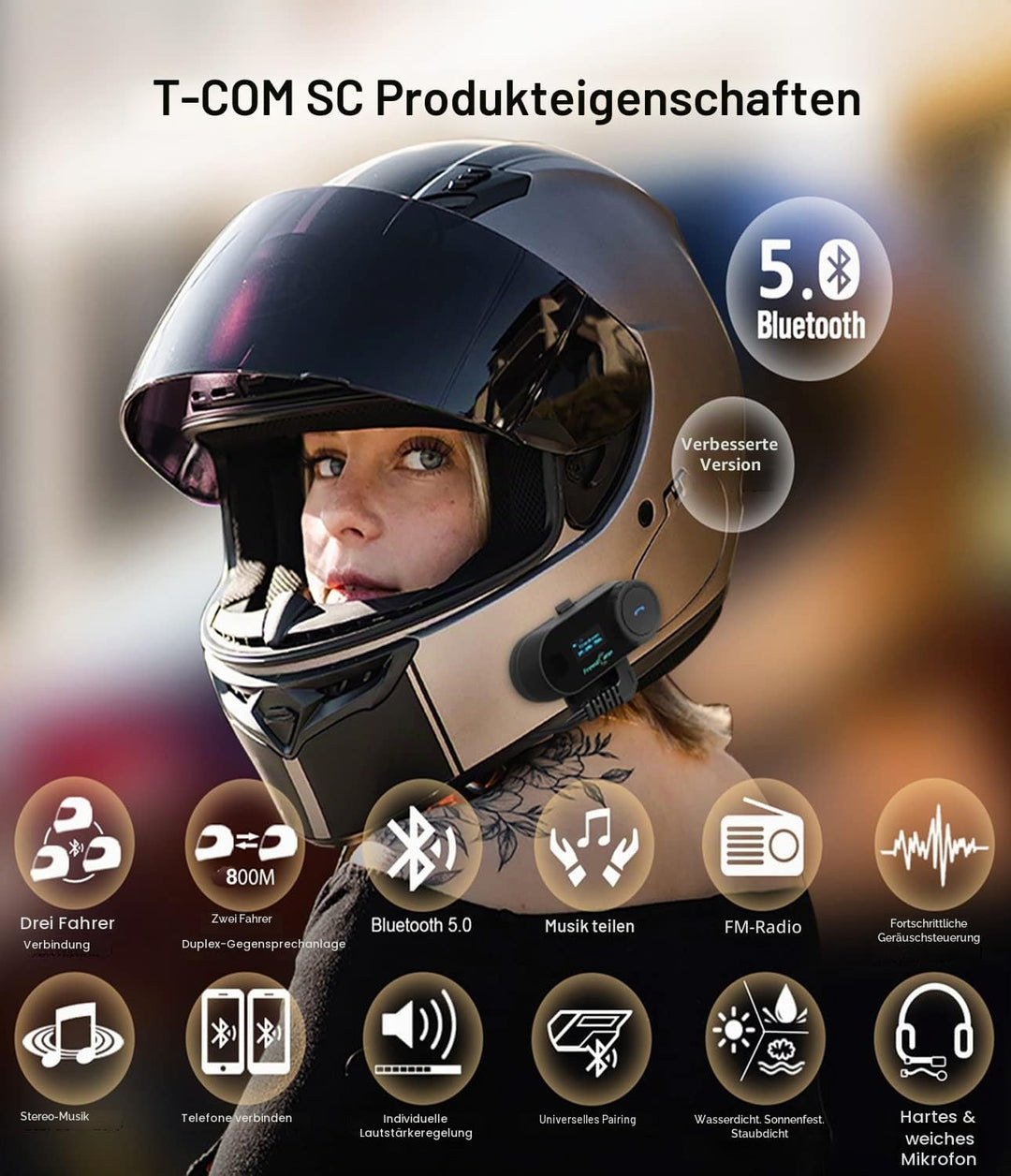 FreedConn Tcom-SC Intercom Motorrad Headset für 2 Personen Musik Teilen, Motorradhelm Kommunikations