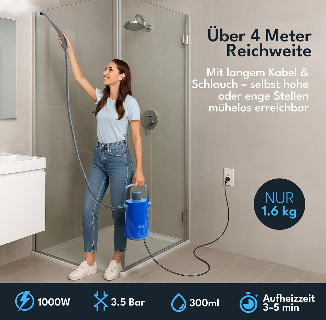LEBENLANG Elektrischer Dampfreiniger Handgerät - 3,5 Bar & 1000W I 12x Zubehör I Steam Cleaner für a