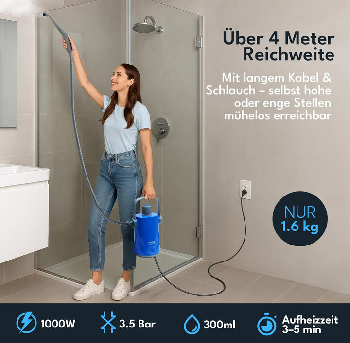 LEBENLANG Elektrischer Dampfreiniger Handgerät - 3,5 Bar & 1000W I 12x Zubehör I Steam Cleaner für a