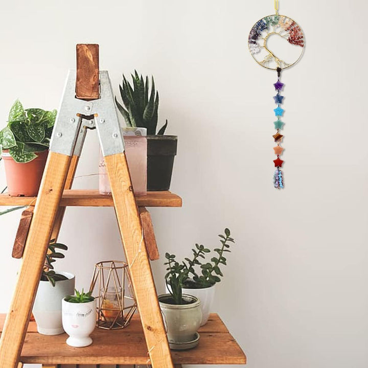 KYEYGWO 7 Chakren Stein Baum des Lebens Hängen Deko mit Stern Trommelsteine Quaste, Kristall Wand Hä