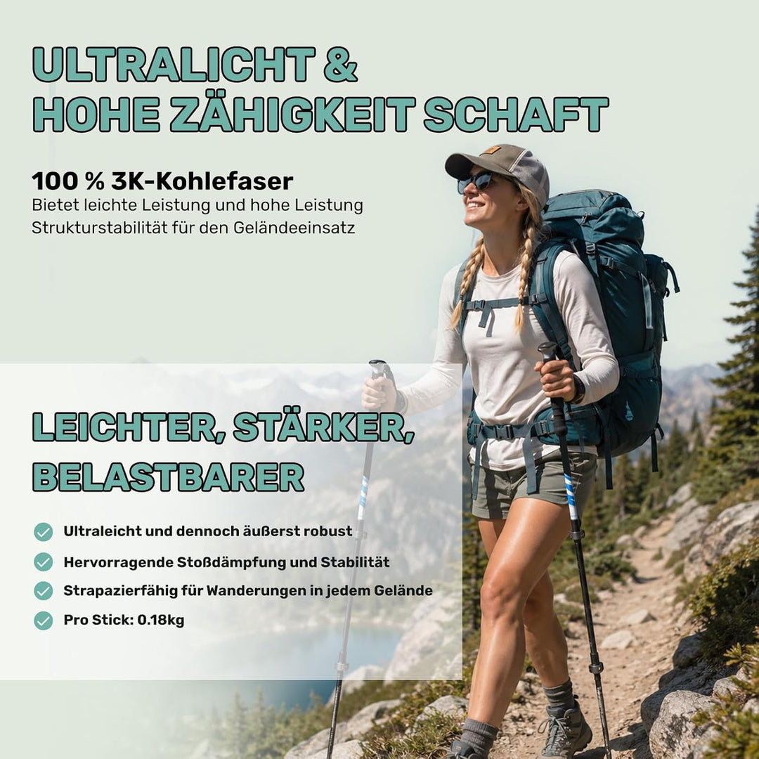 Carbon Trekkingstöcke 2er Set – Nordic Walking Stöcke Damen Herren, Wanderstöcke Teleskop Faltbar, U