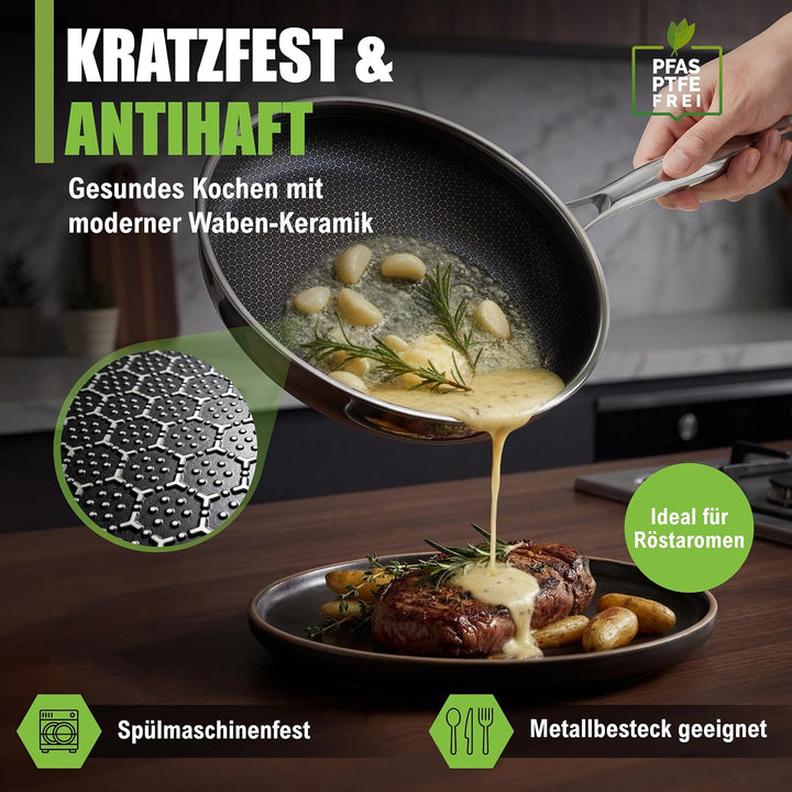 Keramikpfanne 28cm | Kratzfeste Wabenpfanne PFAS & PTFE Frei| 5-Schicht - 3mm -1,35 kg | Premium Bra