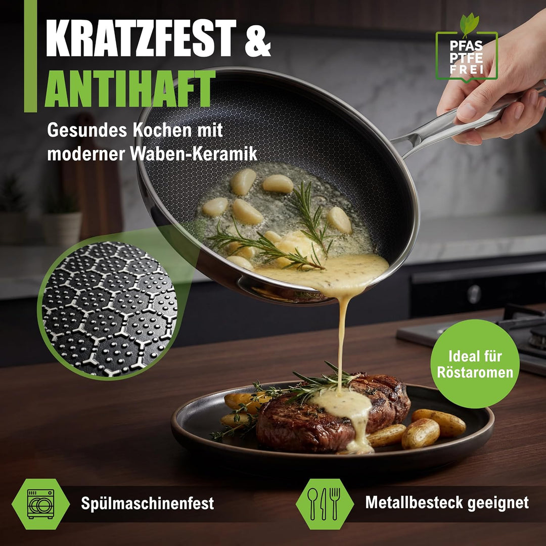Keramikpfanne 20cm PFAS &amp; PTFE Frei | Kratzfeste Wabenpfanne | 5-Schicht - 3mm - 0,8kg | Premium Bra