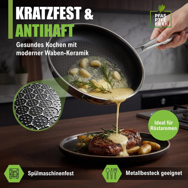 Keramikpfanne 20cm PFAS &amp; PTFE Frei | Kratzfeste Wabenpfanne | 5-Schicht - 3mm - 0,8kg | Premium Bra