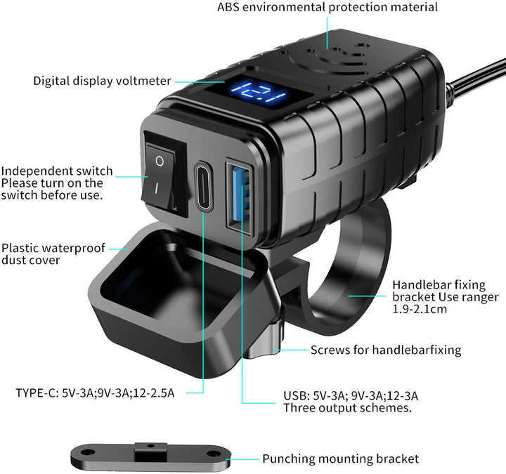Motorrad Handy Ladegerät 12-24V mit Hochstrom PD QC3.0 Port Digital Voltmeter Anzeige und Schalter S