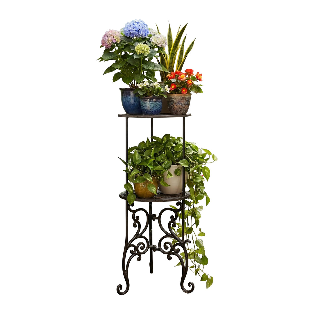Relaxdays Pflanzenständer, Vintage, 2 Ablagen, Blumenstand Gusseisen, HxD: 66x27,5 cm, Pflanzenpodes