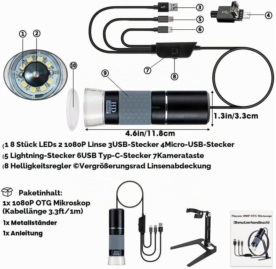 HD 1080P USB Digital Mikroskop Kamera für iPhone iPad Android PC Schwarz, Schwarz