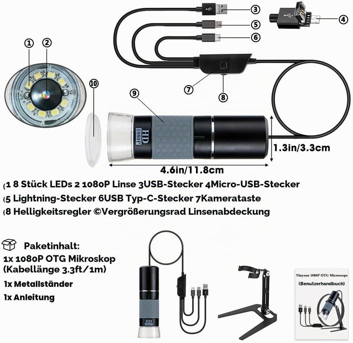 HD 1080P USB Digital Mikroskop Kamera für iPhone iPad Android PC Schwarz, Schwarz