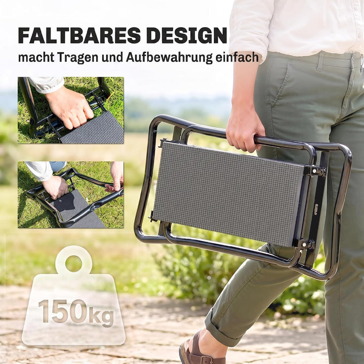 Outsunny Kniebank für Gartenarbeit klappbar Gartenhocker mit Kniekissen Werkzeugtaschen Polsterung K