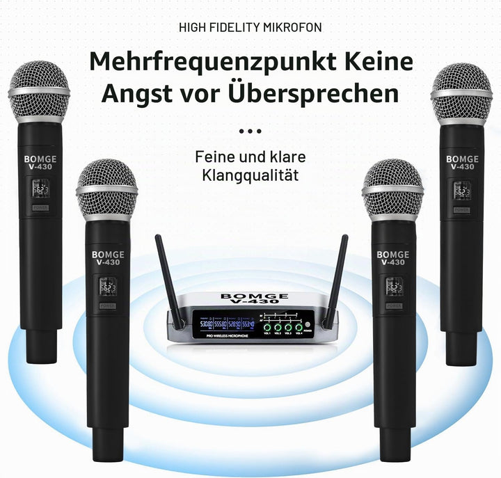 BOMGE Kabelloses Mikrofonsystem, Pro 4-K schnurloses Mikrofon-Set mit vier Handmikrofonen, Festfrequ