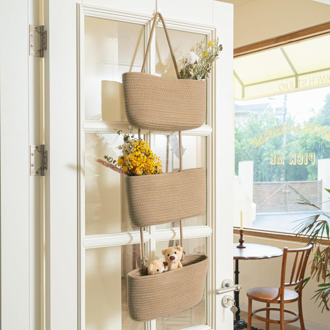 danpinera Aufbewahrungskörbe, 3-stöckige Baumwollseilkörbe mit Knopfriemen über der Tür, Wandorganiz