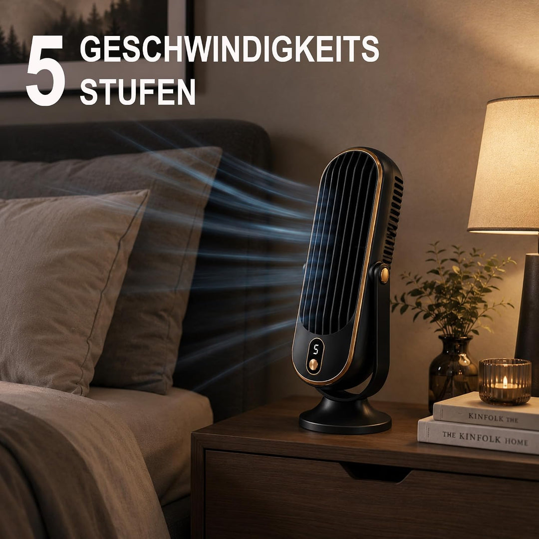 Bestlivings Tischventilator Akku Schwarz 5 Stufen leise | 1000 mAh, LED Display, 22 dB leise, USB-C
