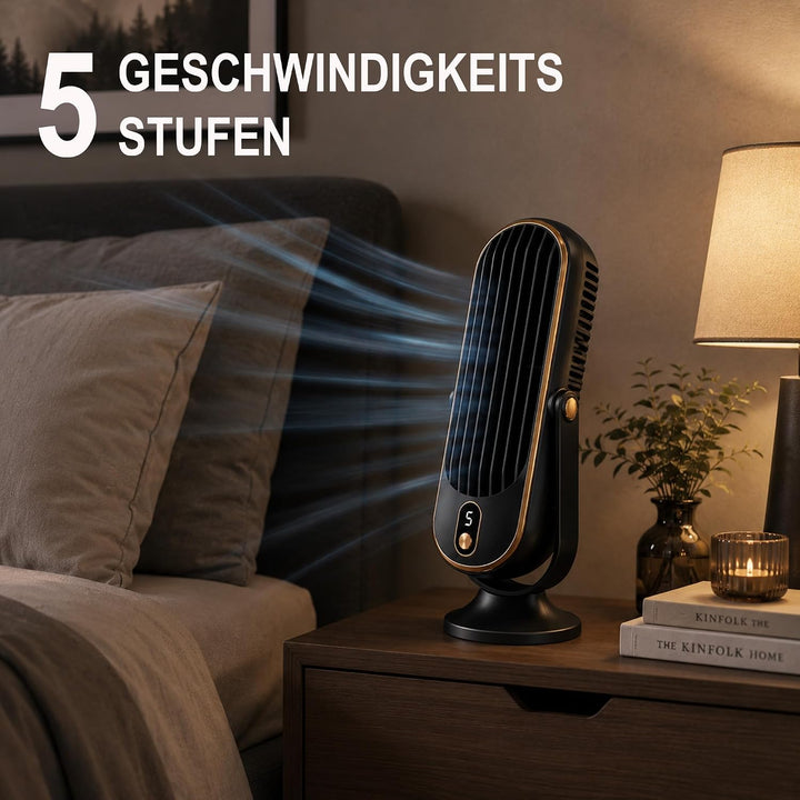 Bestlivings Tischventilator Akku Schwarz 5 Stufen leise | 1000 mAh, LED Display, 22 dB leise, USB-C
