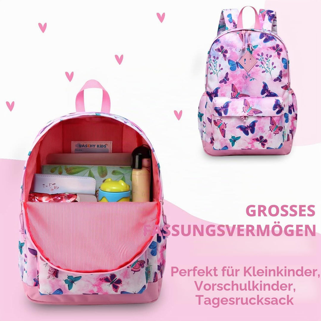 VASCHY Mädchen Schulrucksack 4-6 Jahre Schulrucksack mit Seitentaschen und Brustgurt 148-schmetterli