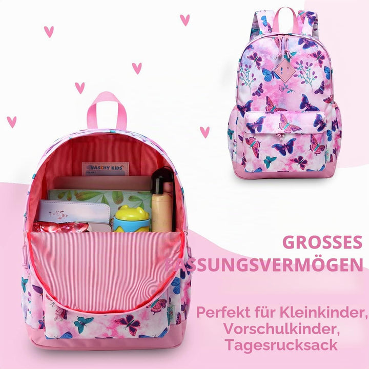 VASCHY Mädchen Schulrucksack 4-6 Jahre Schulrucksack mit Seitentaschen und Brustgurt 148-schmetterli