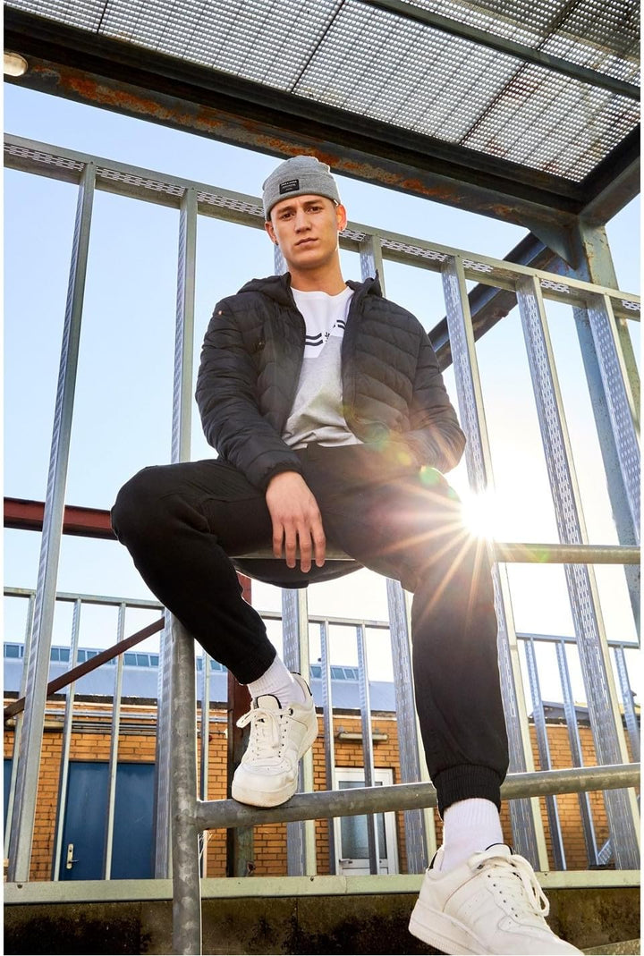 Jack & Jones Herren Steppjacke mit Kapuze, wattiert, durchgehender Reissverschlu, Schwarz