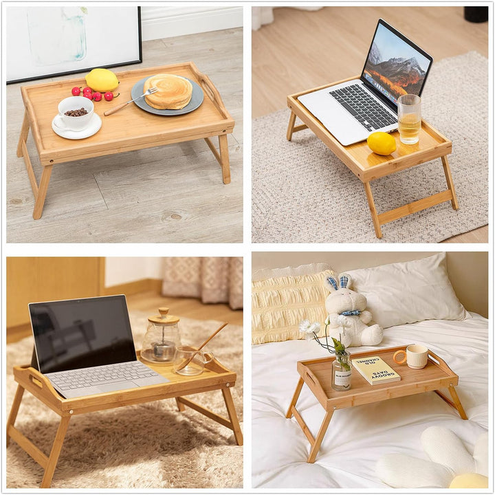 Betttisch Klappbar, Bambus Betttablett Serviertablett Frühstückstablett mit Beinen und Griffen, Tabl
