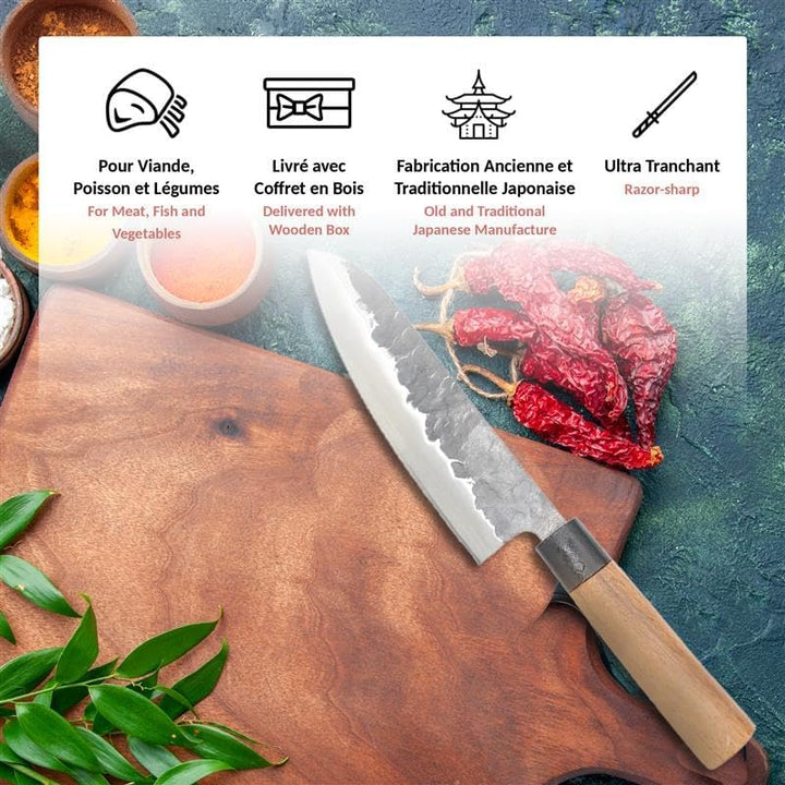 Chef Küchenmesser 18 cm - Japanisches Messer mit gehämmerter Stahlklinge 2.5 mm HCR Härte 58 - Profi