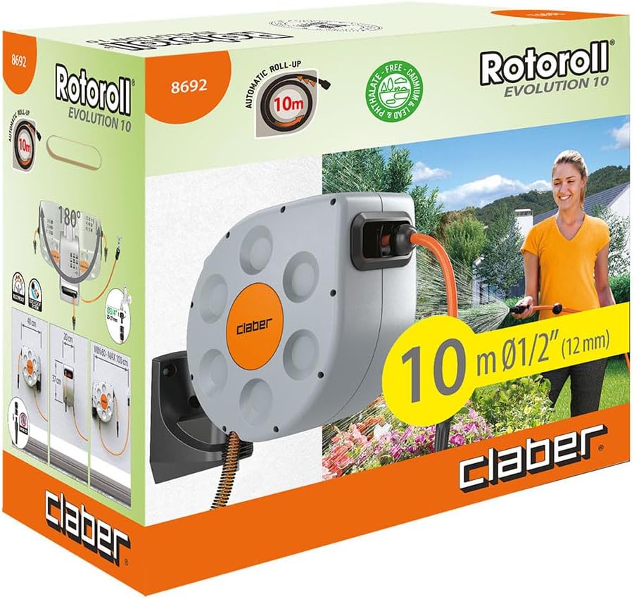 Claber Rotoroll Evolution 10 m, Automatische Schlauchtrommel der Wand Aufhängbar mit Slow Rewind