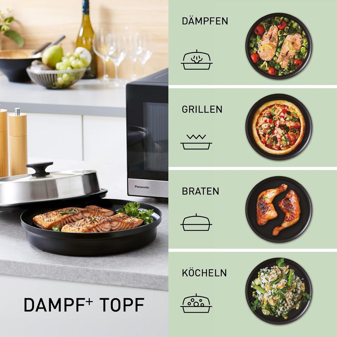 Panasonic NN-GD38QSEPG 29L Grill-Mikrowelle mit Steam+ Pot, 1000 W, automatisches Auftauen, Kombinat