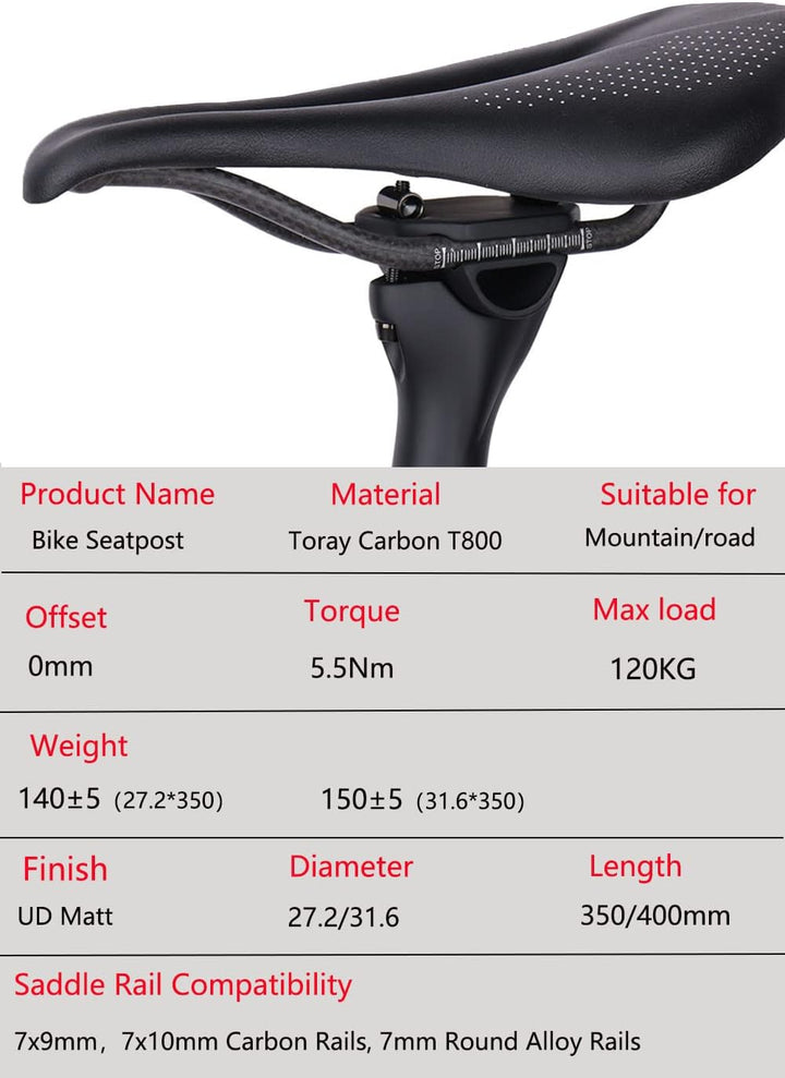 QIKU Carbon Fahrrad Sattelstützen MTB Sattelstütze/Rennrad Sattelstütze 27.2/31.6 * 350/400MM 31.6×3