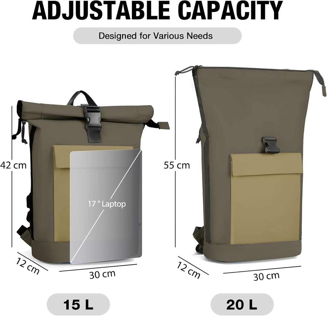 Lekeinchi Rolltop Rucksack Damen & Herren, Elegant Laptop Rucksack Wasserdicht mit 17 Zoll Laptopfac