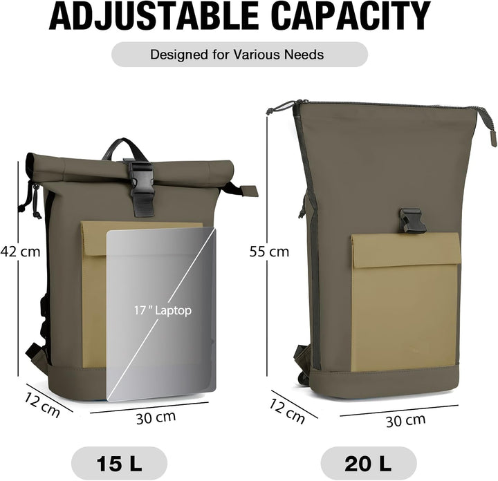 Lekeinchi Rolltop Rucksack Damen & Herren, Elegant Laptop Rucksack Wasserdicht mit 17 Zoll Laptopfac