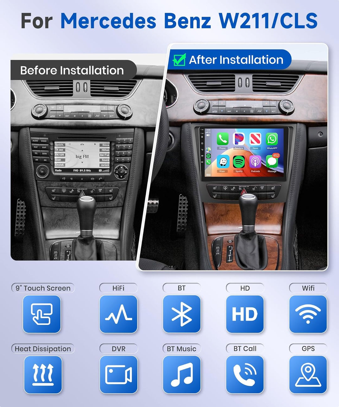 Podofo Autoradio Für Mercedes Benz E-Klasse W211 W219/CLS-Klasse 2005-2008 1+16G Carplay Wireless Bl