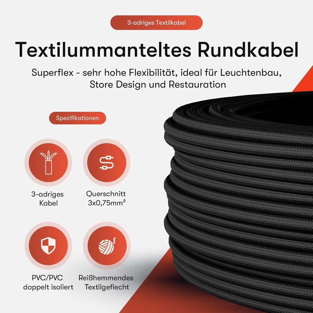 Textilkabel für Lampe, Stoffkabel 3-adrig (3x0,75mm²), Weiss - 5 Meter 5 Meter Weiss, 5 Meter Weiss