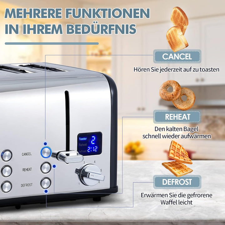 Toaster 4 Scheiben, CUSIMAX Toaster Edelstahl mit LED-Anzeige, 4 extra breite schlitze toaster schwa