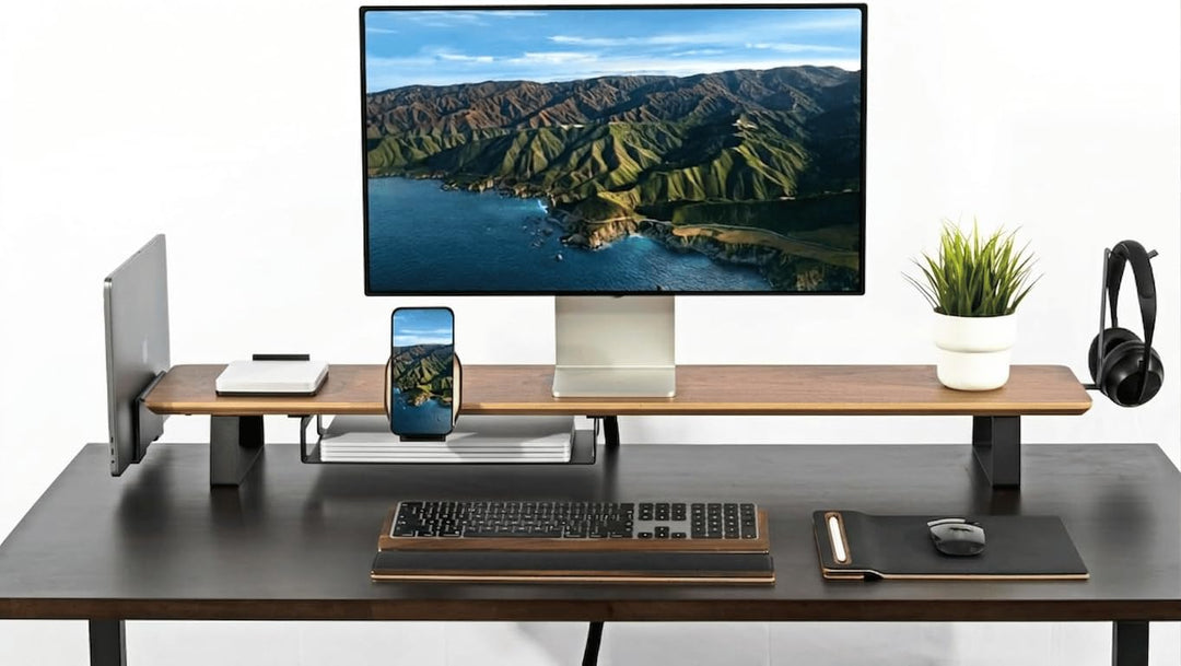 Monitorständer Desk Shelf 100 cm Walnuss | Monitorerhöhung Holz mit modularem Schienensystem | Schre