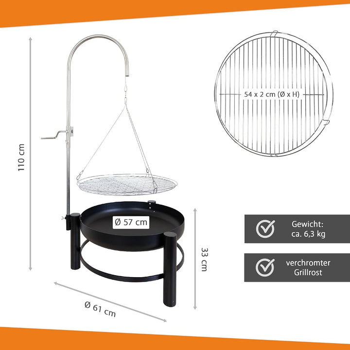 NATIV Lemodo Feuerschale mit Grillrost - Dreibein-Schwenkgrill - Dreifuss-Grill mit Kurbel zur Höhen