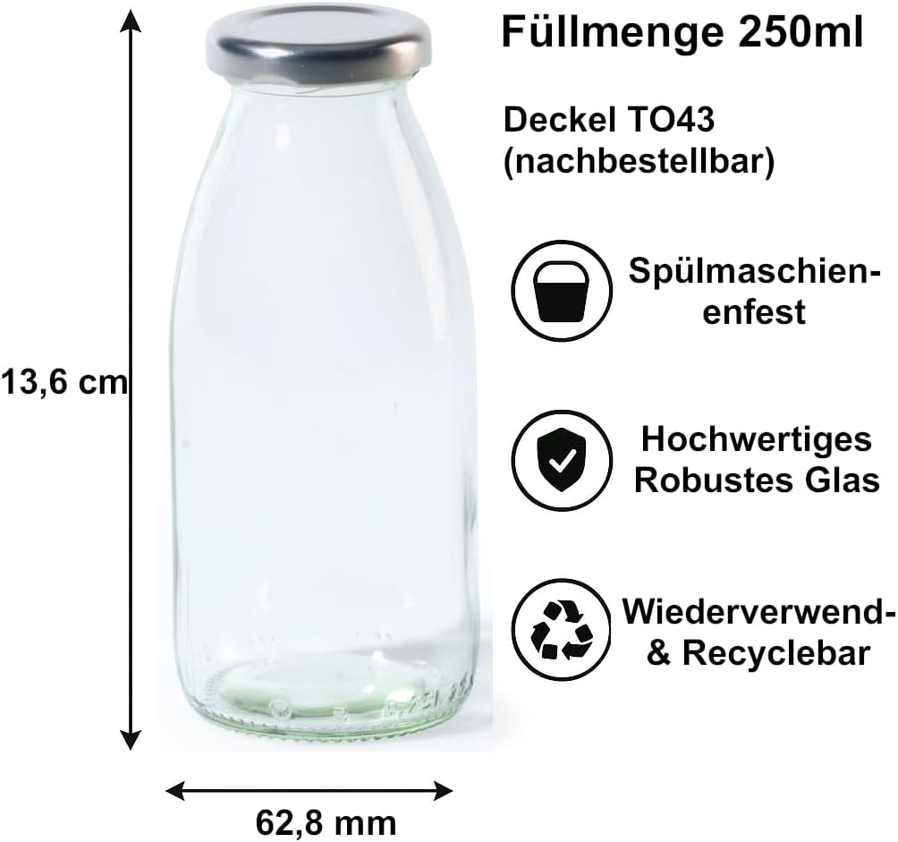 Vitrea 12 leere Glasflaschen 250ml Schraubverschluss Silber - Milchflaschen, Saftflaschen, kleine Fl