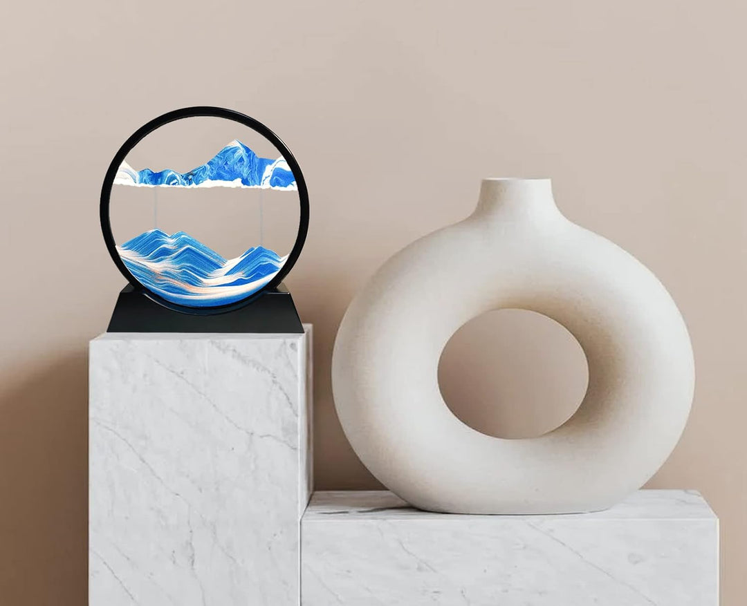 Dynamisch 3D Sandbilder zum Drehen, Fliessende Sandmalerei runder Glas Rahmen, Bewegtes Sandbild Nat