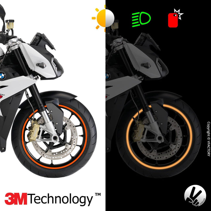 VFLUO - Kit Reflektierende Felgenrandaufkleber Motorrad, Aufkleber für 1 Rad 3M™-Technologie™, 360°-