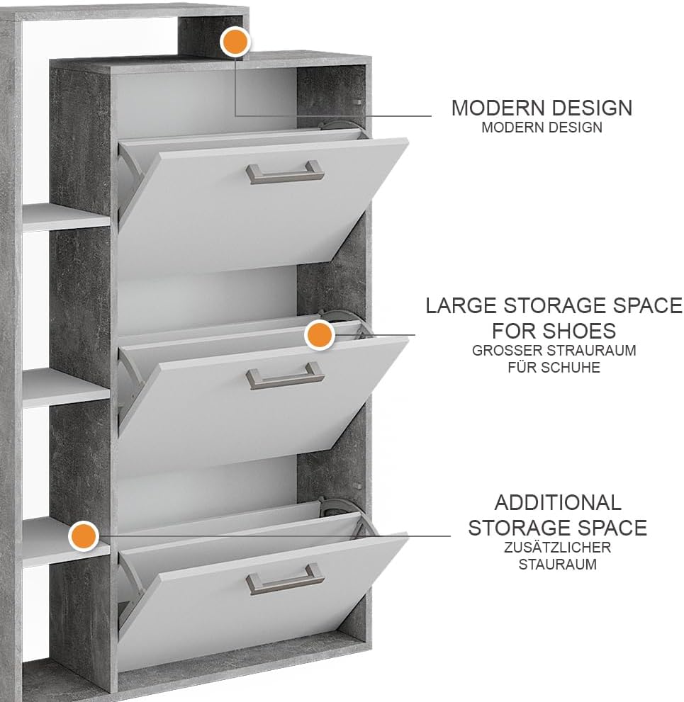 Vicco Schuhkommode Orlando, Schuhregal, Beton, 80 x 128.3 cm mit 3 Fächern Weiss/Beton, Weiss/Beton