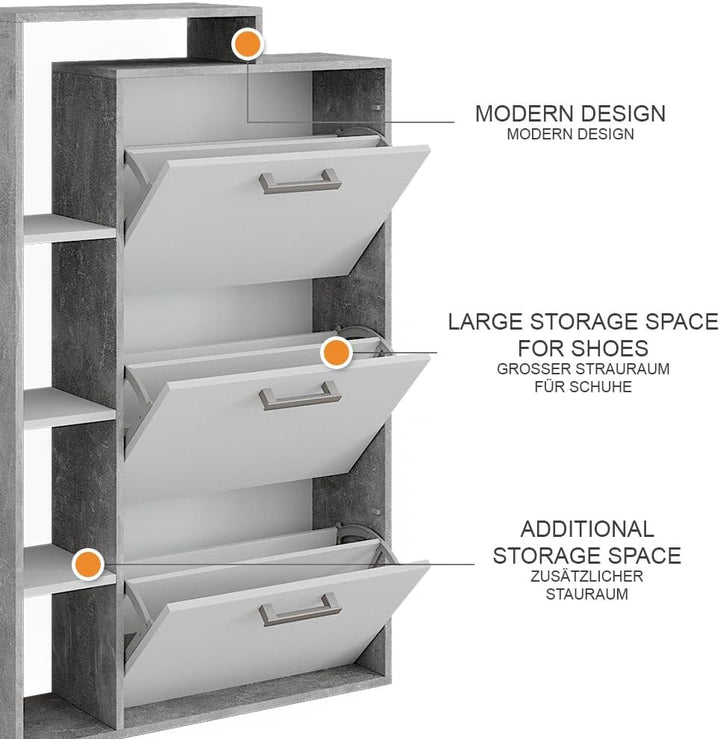 Vicco Schuhkommode Orlando, Schuhregal, Beton, 80 x 128.3 cm mit 3 Fächern Weiss/Beton, Weiss/Beton