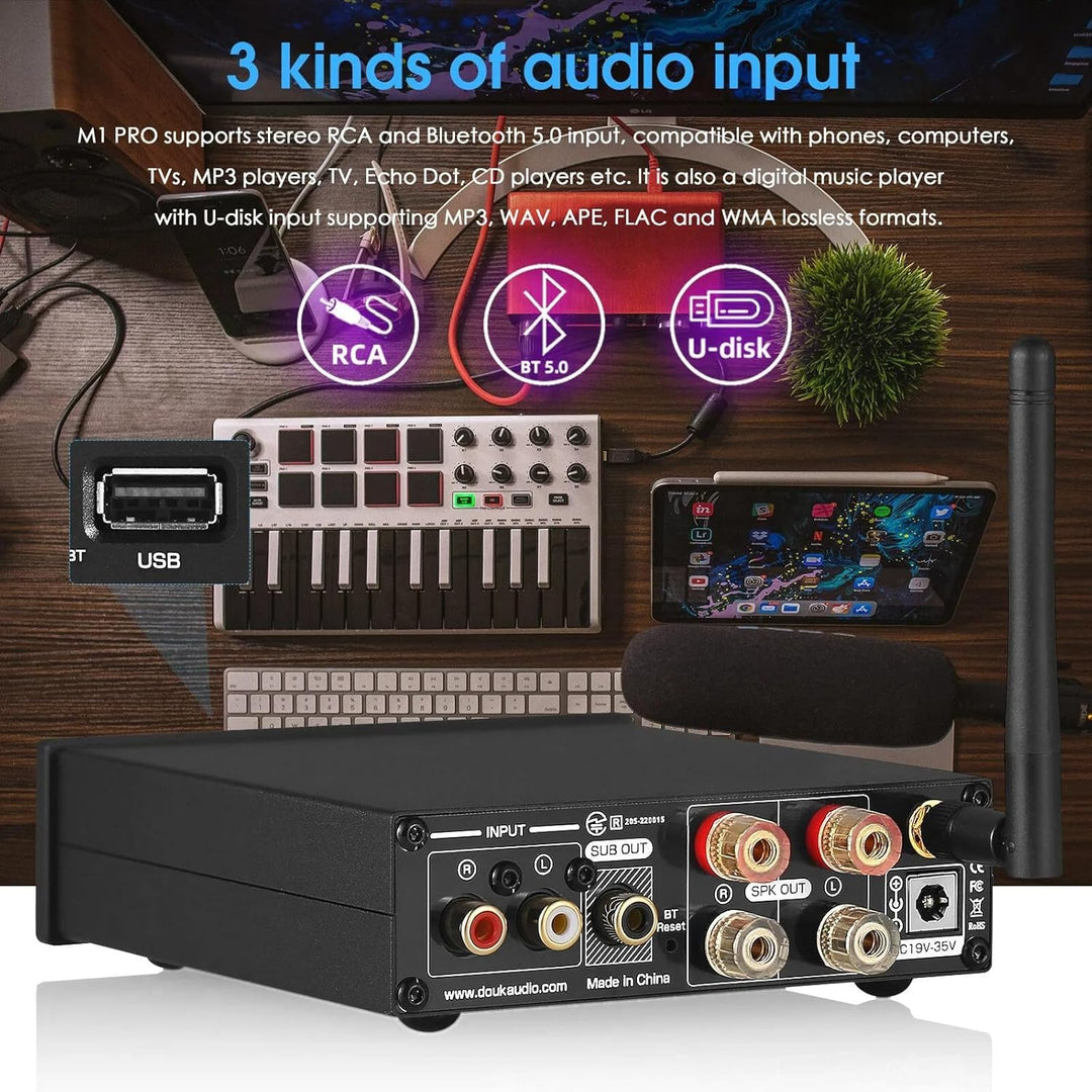 Douk Audio 320W Bluetooth 5.0 HiFi-Verstärker Empfänger 2.0-Kanal Stereo Power Amplifier Subwoofer A