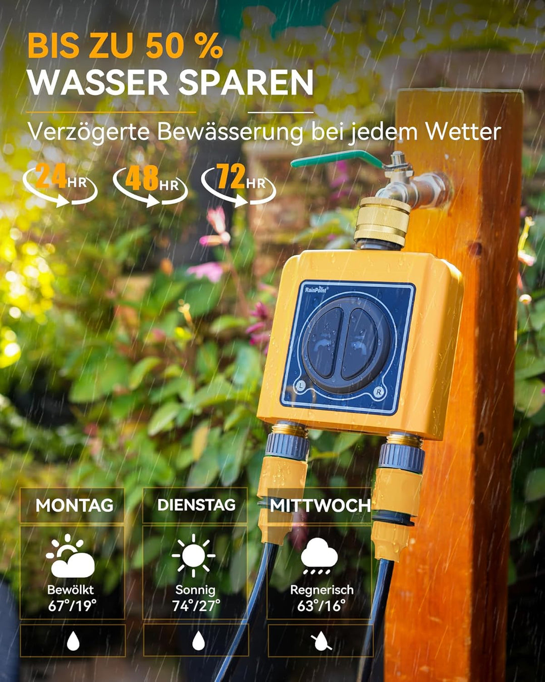 RAINPOINT Bewässerungscomputer WLAN 2 Ausgänge mit Messingeinlass und -auslass,Zeitschalter mit Rege
