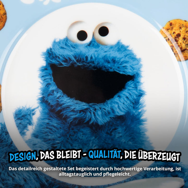 United Labels Krümelmonster Frühstücksset Kinder, mit Krümelmonster und Keksen, Geschirr Set Porzell