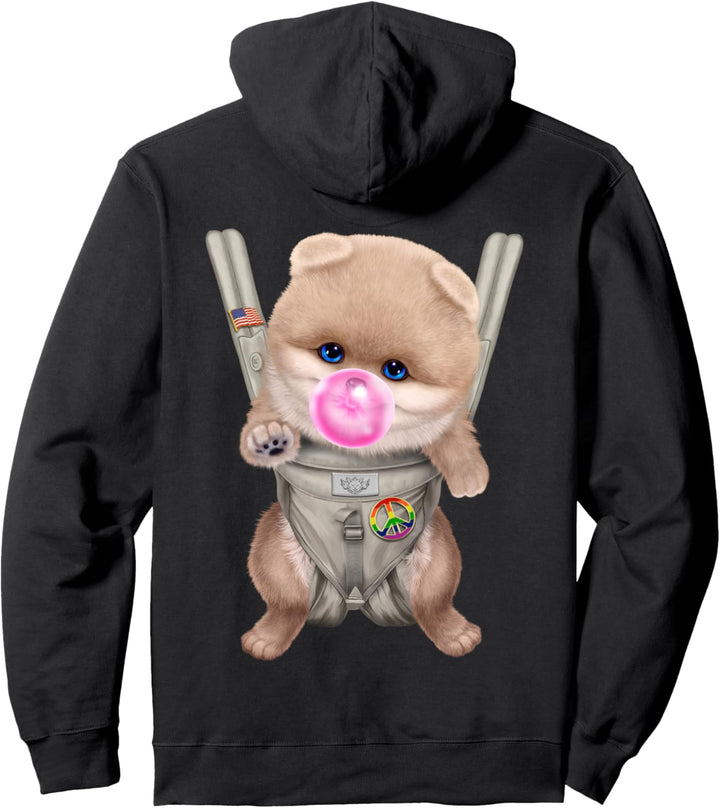 Creme Pommerscher Hund mit Kaugummi in der Babytrage Pullover Hoodie