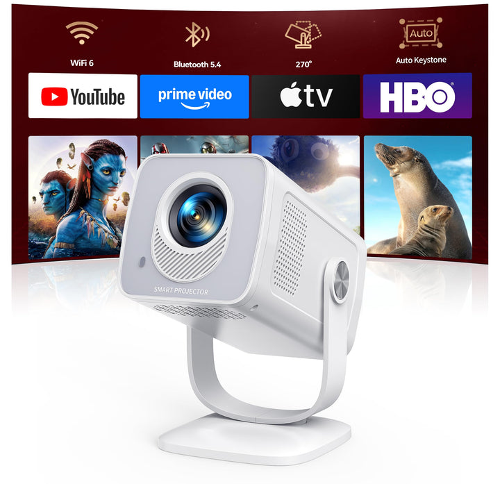 Mini Beamer 4K Unterstützt [Android 14 &amp; App Steuerung] WiFi 6 BT 5.4 | 270° Dreh Smart Beamer Klein