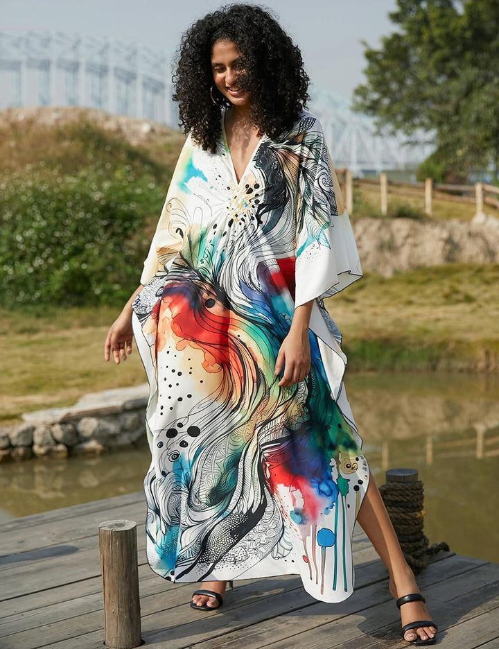 Bsubseach Damen Ethnic Print Kaftan Beach Dress Plus Size Strandkleid Abstrakter Druck, Abstrakter D