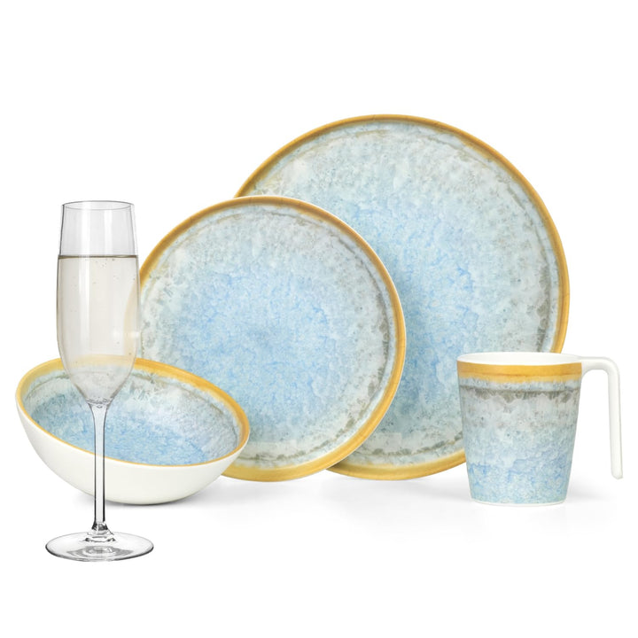 Melamin Camping Geschirr Set 4 Personen Crystal Blue + 4 Timo Champgner Gläser Flûtes Tafelgeschirr
