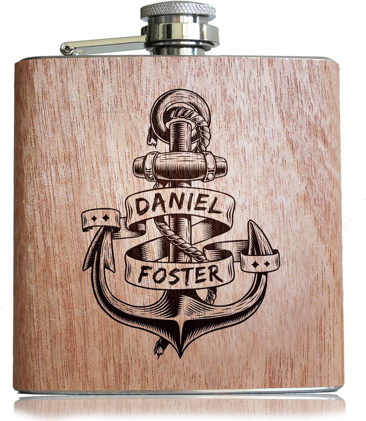 Pixelstudio Anker Holz Flachmann mit persönlicher Namens Gravur und Widmung! Geschenk Idee Segler Mä