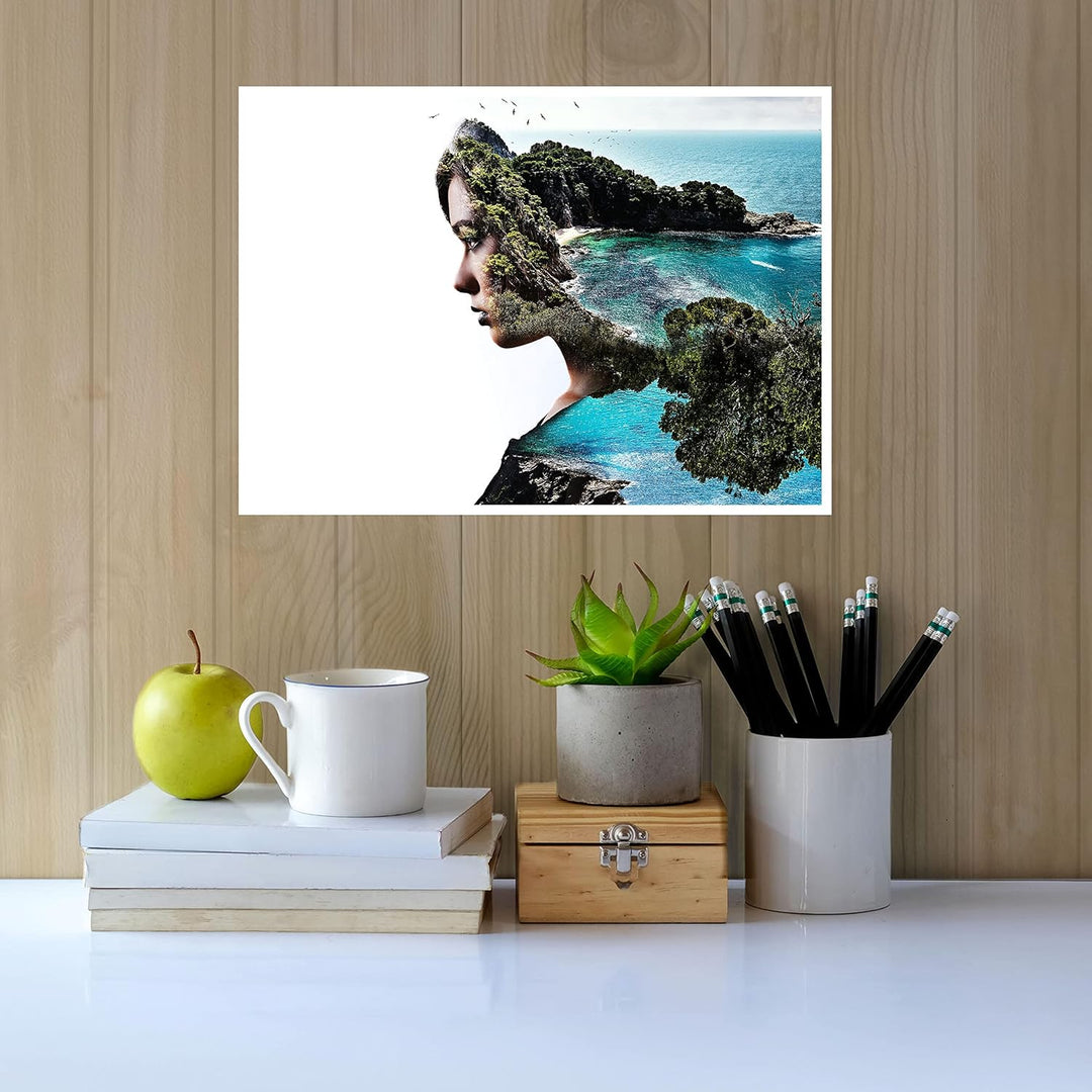 wandmotiv24 Poster als Wanddeko, Grösse 18x13cm, Kunst, Double Exposure, Frau, Insel, Meer, Art, Mod