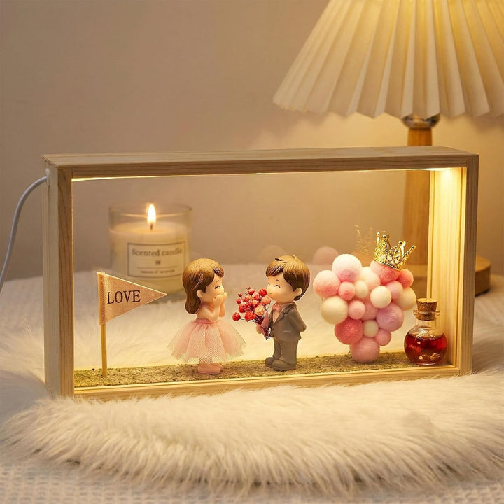 3D Bilderrahmen zum Befüllen, 26*6*13cm Objektrahmen Holz, leuchtender Fotorahmen, LED-Display-Artik