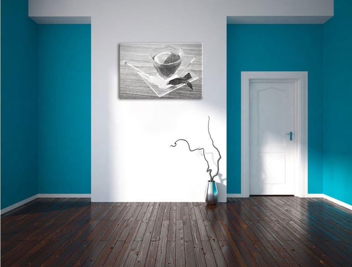 Pixxprint Tasse Tee mit Minze Kohle Zeichnung Effekt, Format: 100x70 auf Leinwand, XXL riesige Bilde