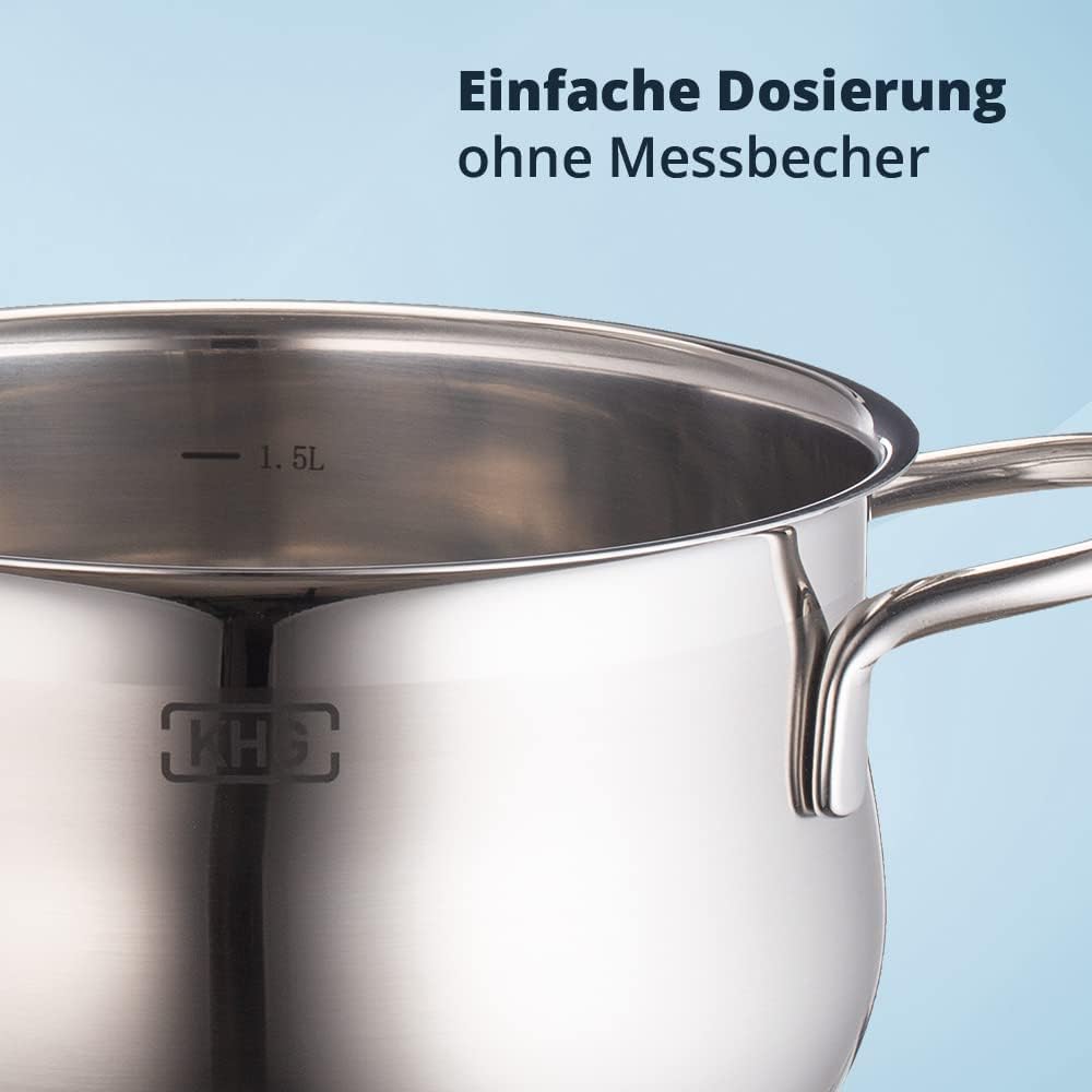 KHG Topfset Induktion aus rostfreiem Edelstahl | 5-teilig inklusive Glasdeckel mit Dampfloch | Kocht