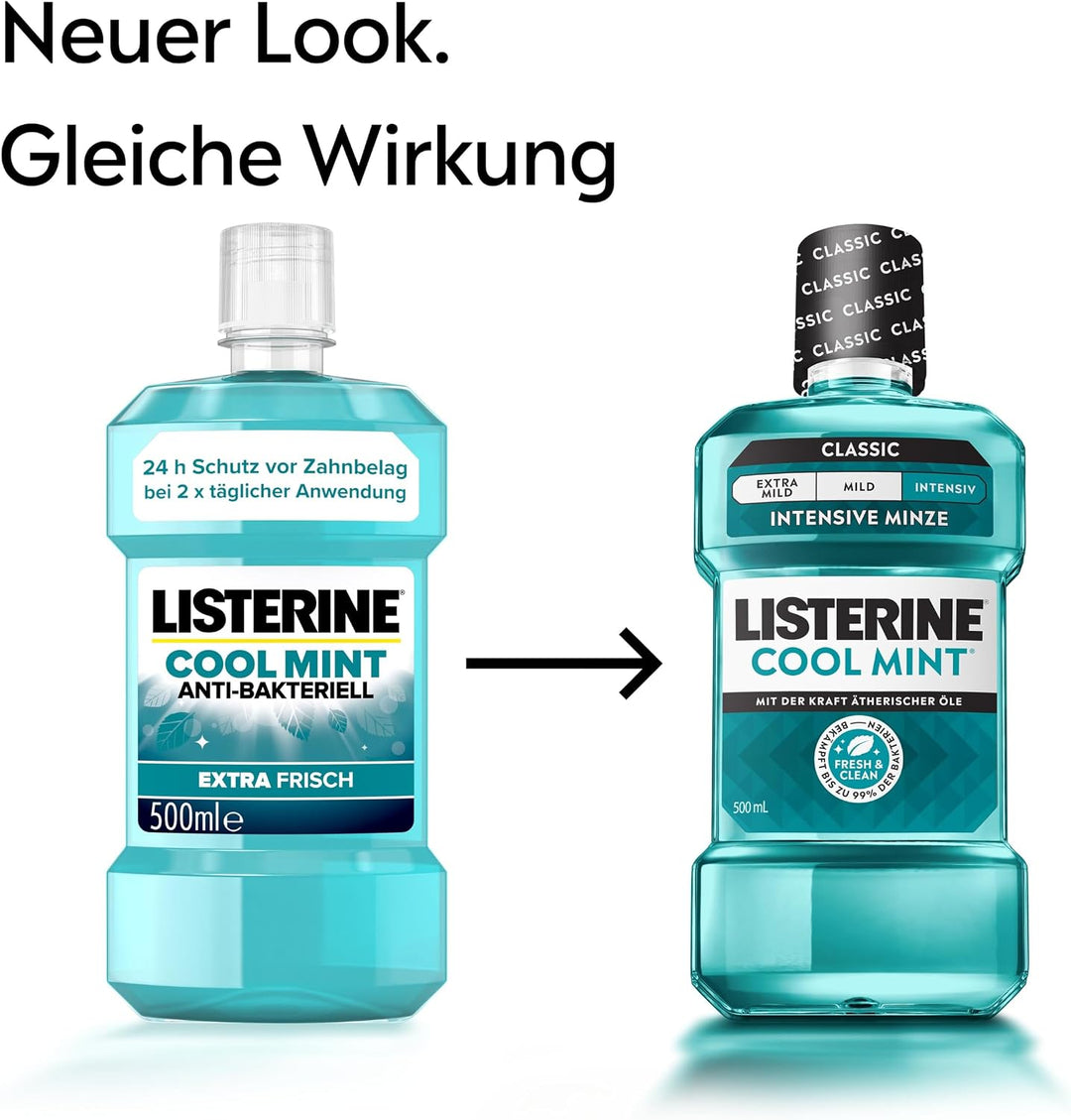 LISTERINE Cool Mint (6 x 500 ml), antibakterielle Mundspülung mit ätherischen Ölen & Minzgeschmack,